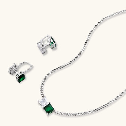 Modern square-cut cubic zirconia jewelry set with white gold plated chain, featuring emerald green or golden yellow stones.