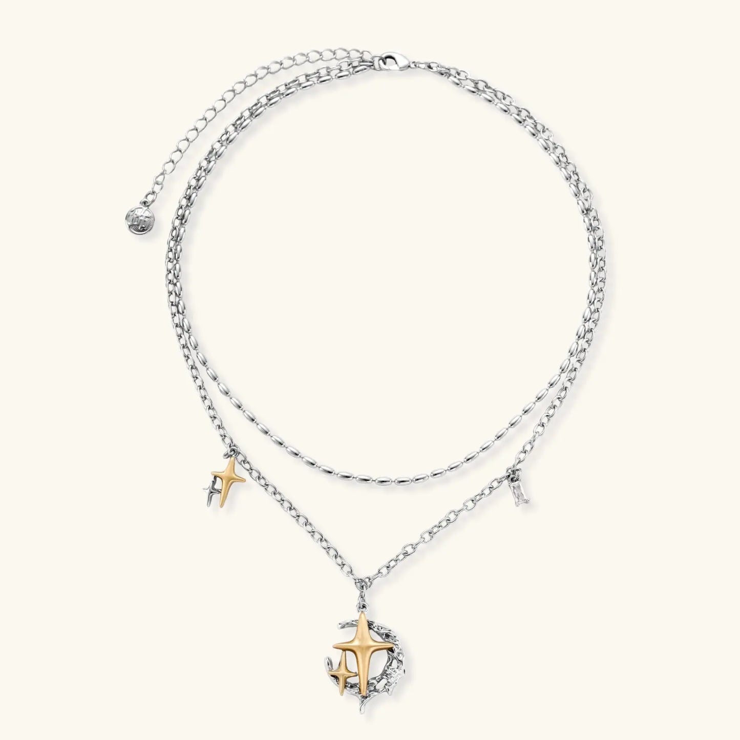 Layered silver-tone necklace set featuring star charms and crescent moon pendant with eco-friendly zinc alloy construction