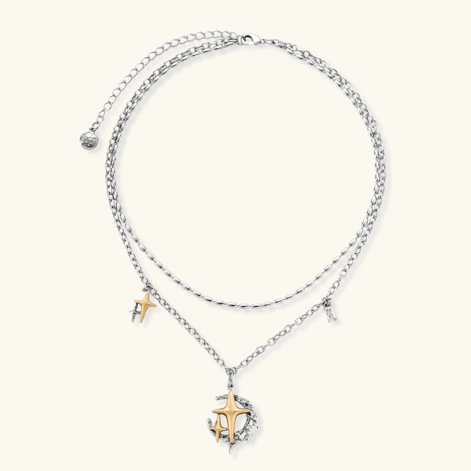 Layered silver-tone necklace set featuring star charms and crescent moon pendant with eco-friendly zinc alloy construction