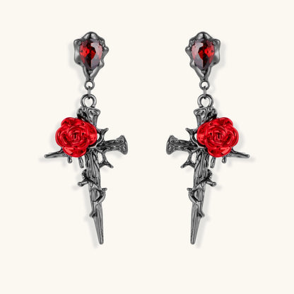 Gothic dagger earrings with red enamel roses and thorny vines in dark gunmetal finish with red zirconia stones