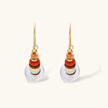 18k gold-plated earrings featuring baroque pearls and colorful natural stones in a stacked design on cream background.